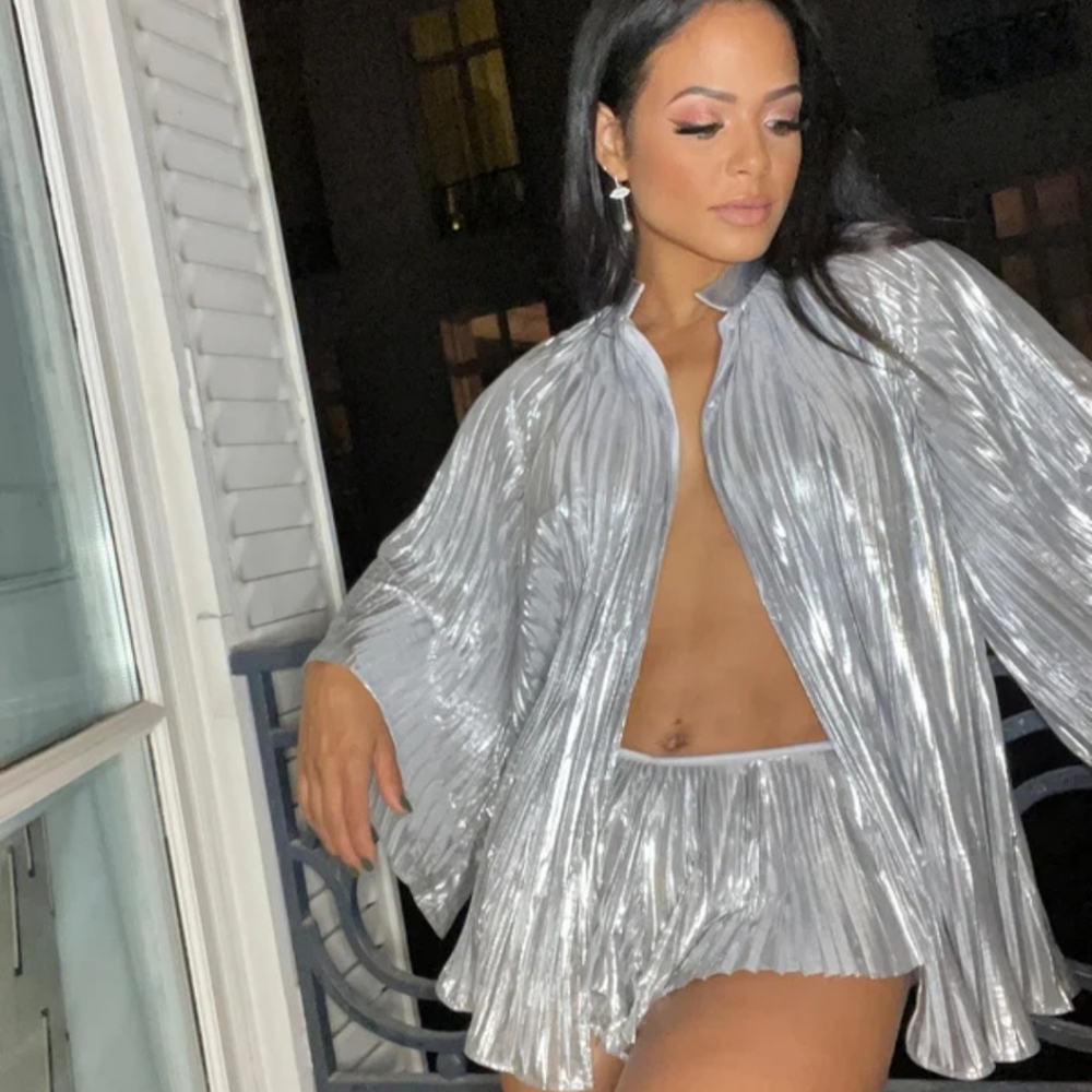Savage x Fenty pleated lamé bed jacket silver. New! Size: (medium/large)